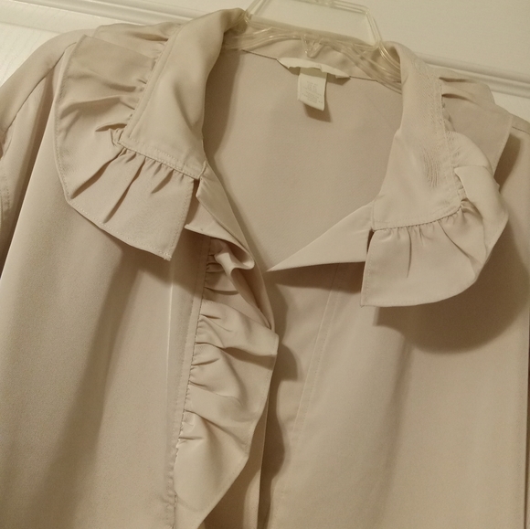 H&M TOP BLOUSE SIZE XL PULL OVER 3/4 SLEEVE RUFFLE NECKLINE - Picture 2 of 7